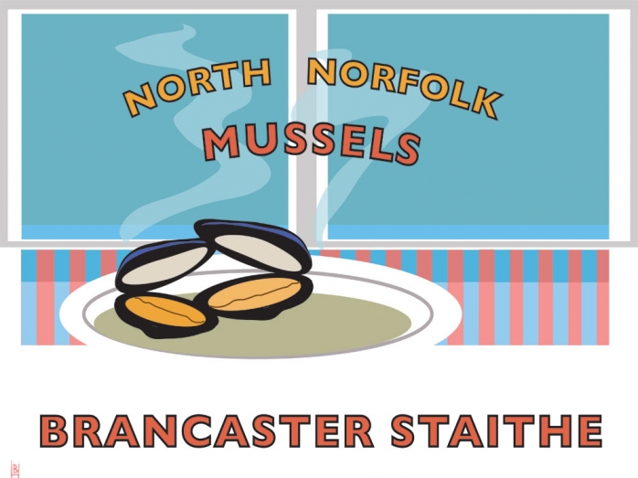 Mussels, North Norfolk, Brancaster staithe, railway posters, Bryan Harford