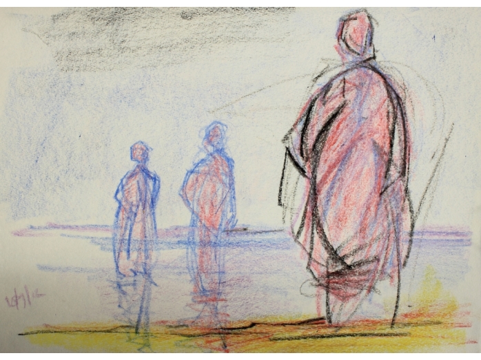 Wax crayon sketch of figures in sea, Brancaster part 2