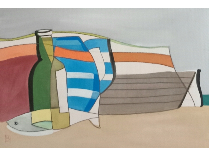 Gouache painting, picnic, boats, bryan harford