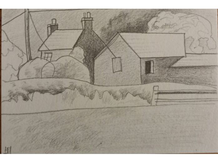 7pencil drawing, cumbria, low green campsite, landscape, Bryan Harford