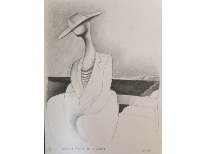 Seated figure, pencil drawing, bryan harford,art deco,
